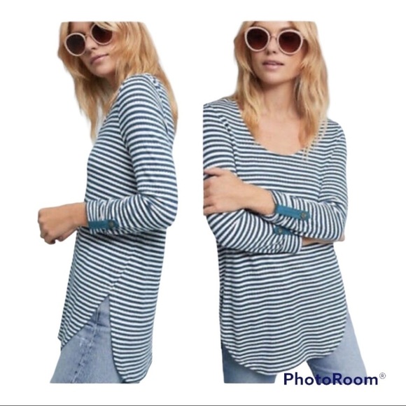 Akemi Kin Anthropologie Sylvie Pointelle Tunic Blue Striped Top Scoop Ne… - Picture 1 of 8